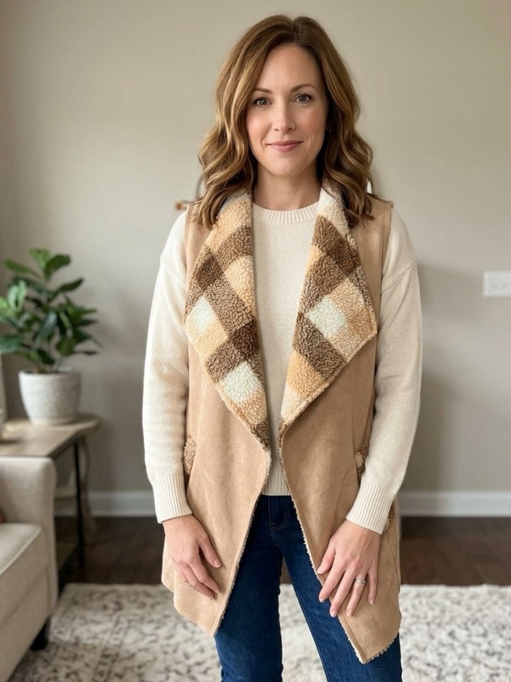 Andree by Unit Medium Vest Camel Faux Suede Shearling Open Duster Cargo Pockets